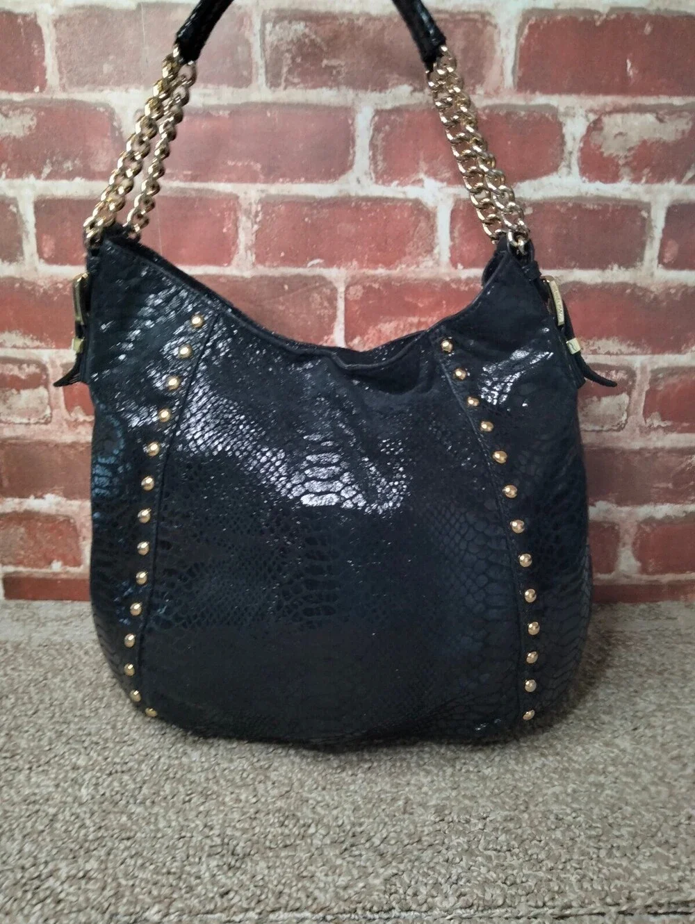 Michael Kors Y2K Delancy Snakeskin Leather Shoulder Hobo Bag Black Vintage Purse